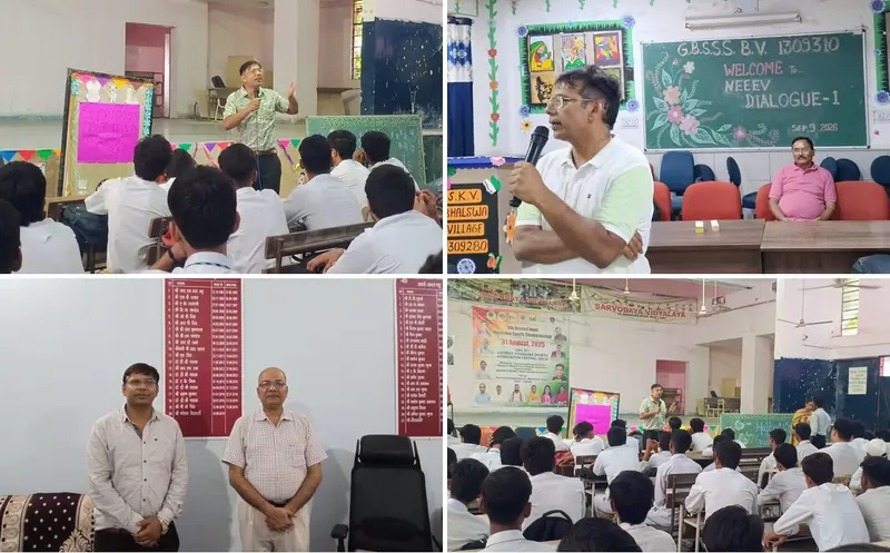Collage of FirstVidya robotics and entrepreneurship sessions at schools in Delhi and Bihar